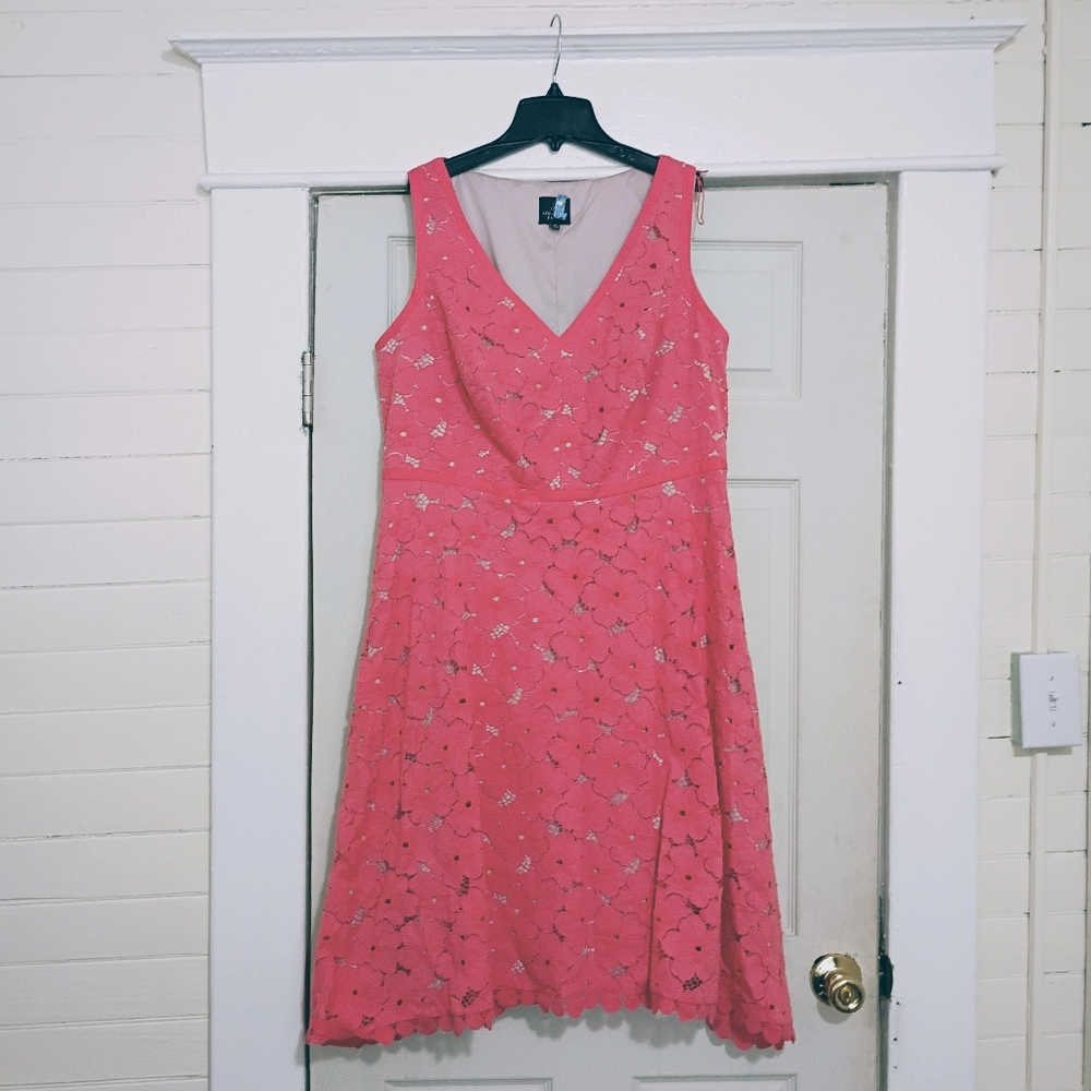 Adrianna Papell Coral Pink V-Neck Midi Dress with Metallic Accents